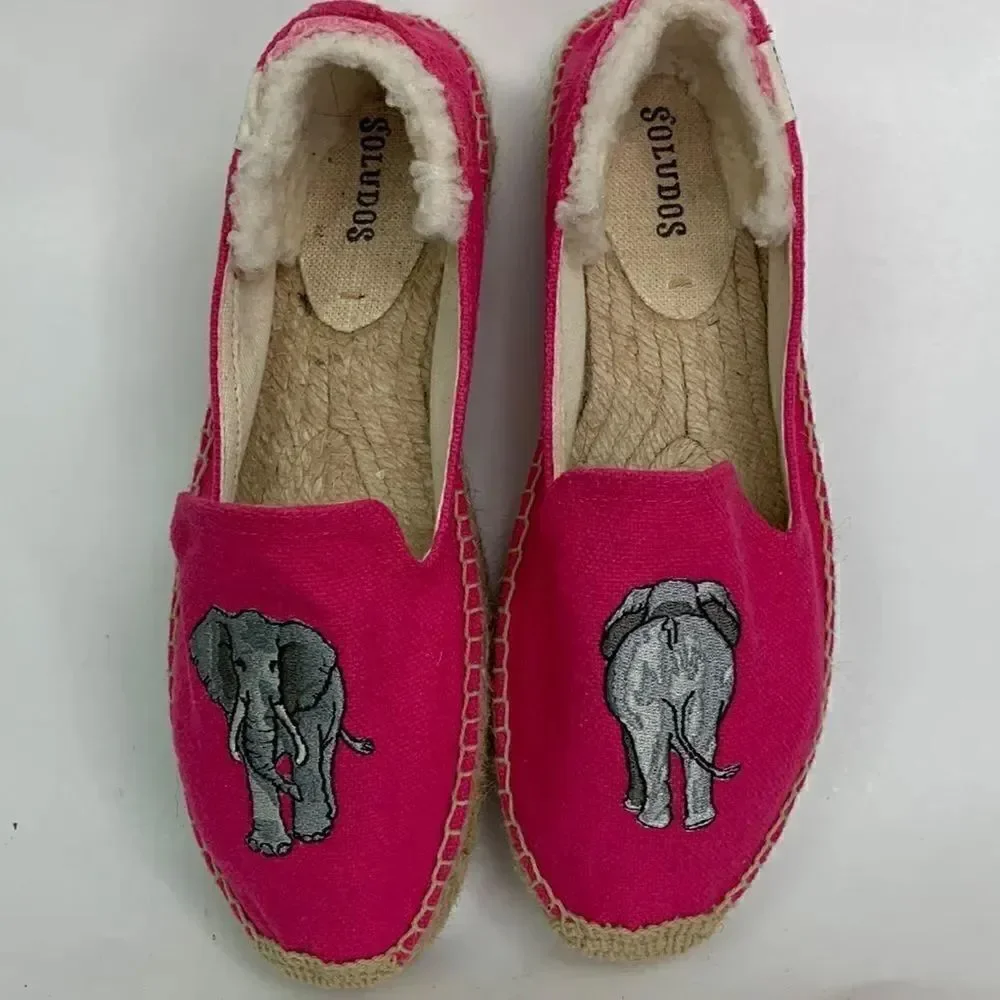Soludos pink canvas embroidered elephant platform espadrilles